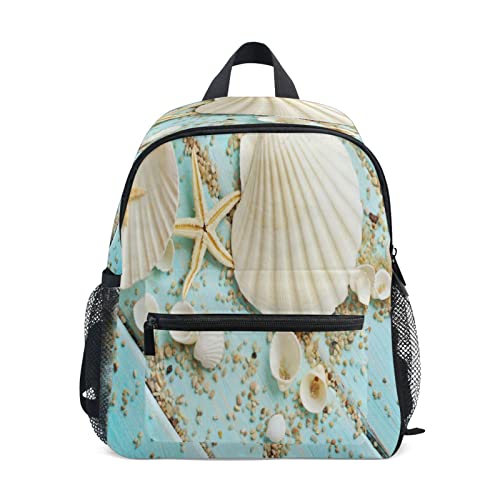 Ocean Beach - Mochila infantil con diseño de estrella de mar y concha de mar para niñas y niños, pequeña bolsa de hombro escolar con etiquetas de nombre, bolsa de libros para estudiantes de preescolar