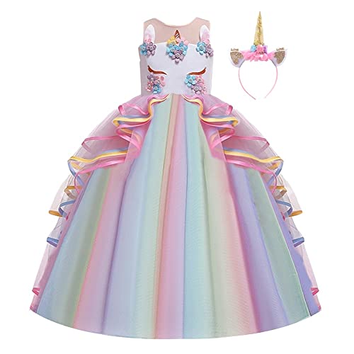 IZKIZF Girls Unicorn Costume Princess Long Maxi Tulle Dress w/Headband Birthday Party Carnival Cosplay Dress Up Outfits Multicolored 10-11T by IZKIZF - Used condition - US$12.22