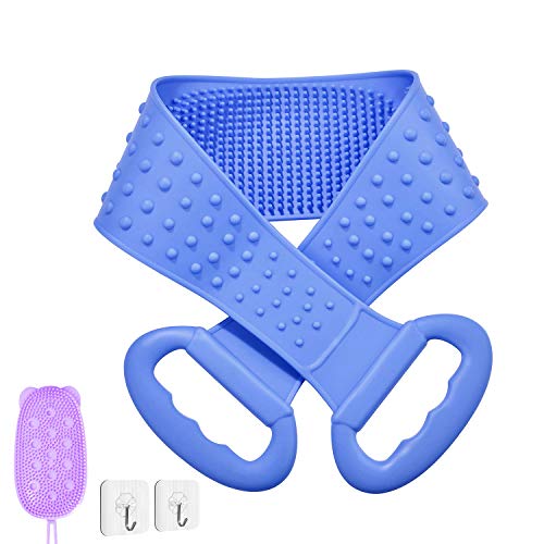 Silicone Back Scrubber for Shower,Silicone Bath Body Exfoliating Brush,Comfortable Massage Back Cleaner For Men and Women,Handle Body Washer,Deep Clean & Invigorate Your Skin(31.5''Blue)