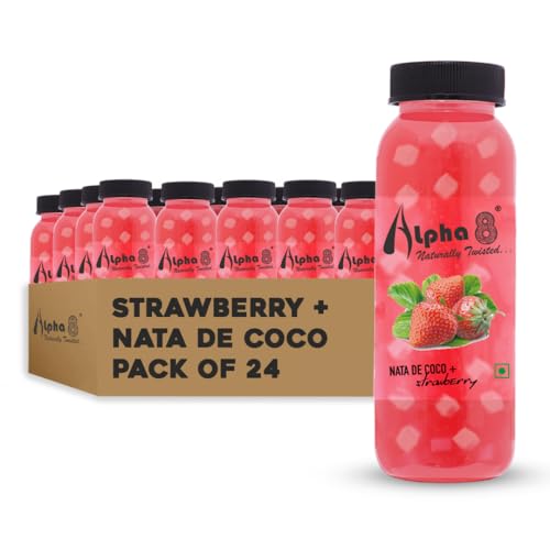 Image of ALPHA 8 FRUIT Juice with NATA De Coco Coconut Cubes Natural Energizer & Immunity Booster, Healthy Juice, High Fiber, Real Natural Taste (Strawberry Juice, Pack of 24)
