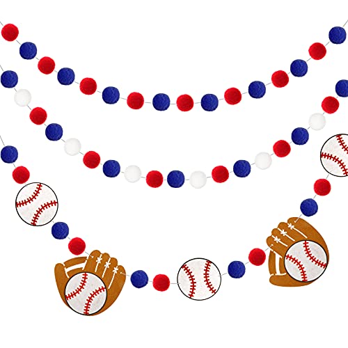 Image of Tatuo 3 Pieces Baseball Pompom Garland Sports Theme Banner Blue Red White Felt Ball Baseball Glove Hanging Garland for Sports Birthday Party Decor 8.2 Feet