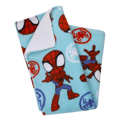 Image of Marvel Spidey Light Blue, Red and White Super Soft Sherpa Toddler Blanket