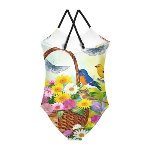 Garden Colorful Birds Kids Swim Suits for Girls Quick Dry Crossback One Piece Swimsuit 3T2