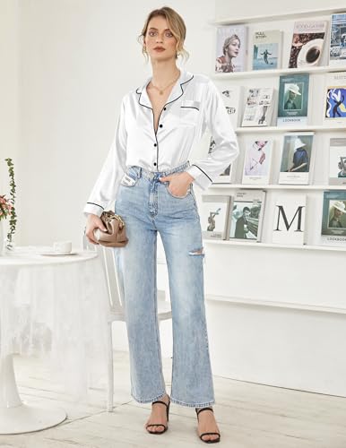 Image of Ekouaer Women Satin Pajamas Set Classic Button Down Long Pjs Set