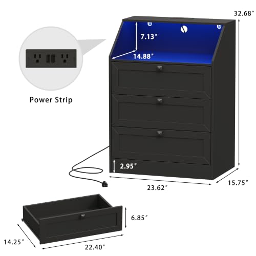 Image of Wodeer Black Dresser 3 Drawer Nightstand, Wood Night Stand with LED Lights, Charging Station, Metal Handles, Modern Storage Cabinet and Organizer Drawers for Living Room, Hallway