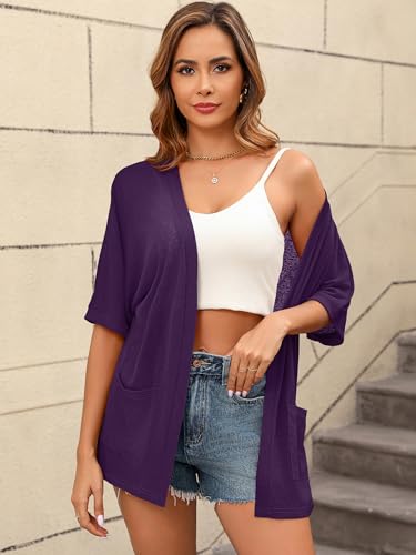 Image of Women's Lightweight Open Front Cardigans Short Sleeve Casual Soft Sheer Cardigan S-2XL with Pockets