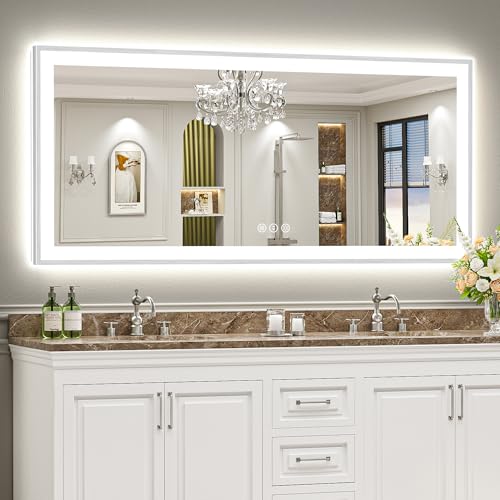 Image of 72x32 Brushed Nickel LED Bathroom Mirror with Lights, Backlit & Front-Lit, Anti-Fog, Framed Lighted Vanity Mirrors for Bathroom Wall, Dimmable, 3 Colors, Memory, Shatter-Proof, Tempered Glass