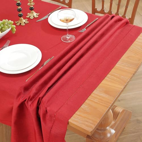 Zdolmy Classic Christmas Red Hemstitch Tablecloth – Faux Linen, Solid Color, Handmade Fringe Edge, Perfect for Holiday Dinners, Family Gatherings & Festive Parties (86" x 60" (Rectangular)) by Zdolmy - Used condition - Image 4