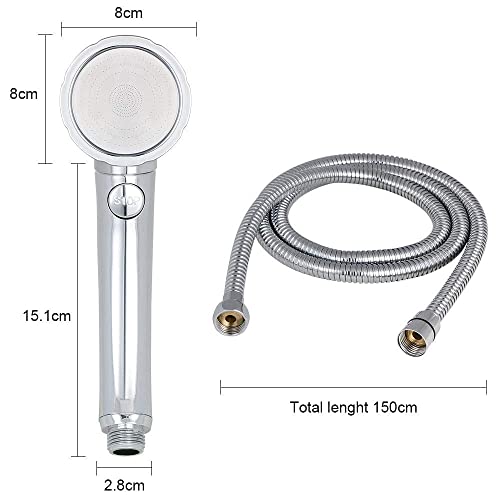 AYESY Duschkopf, Wassersparend Handbrause Duschkopf mit 1.5m Edelstahlschlauch 3 Strahlarten Duschbrause Wasserdrucks Erhöhung Universeller Chrom Brausekopf für Baden Sprühstrahl und Massage (Silber)