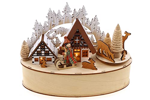 ELLUG Spieluhr aus Holz zum Aufziehen mit Drehelement & Licht, batteriebetrieben und Timer-Funktion (6h On / 18h Off) winterliches Motiv, 16x21cm, Lied: Stille Nacht Cover