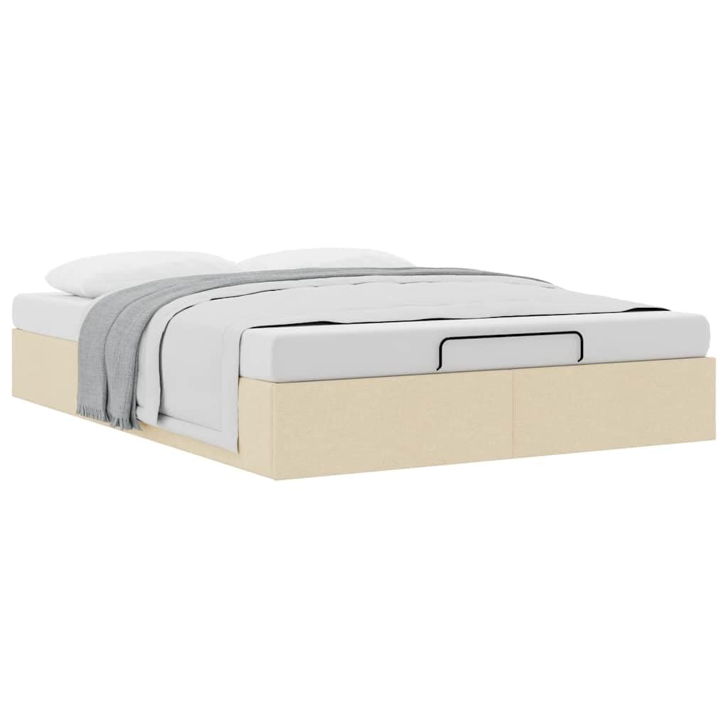 Letto ottomano in tessuto color crema, 140 x 190 cm, con vano portaoggetti e meccanismo di sollevamento idraulico, letto imbottito senza materasso, rete a doghe inclusa, portata fino a 140 kg
