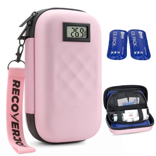 Image of TSA Approved Insulin Cooler Travel Case Diabetic Medication Bag with Thermometer Temperature Display Medication Diabetic Cooler Travel Medicine Organizer Bag for Women & 2 Ice Pack-Pink