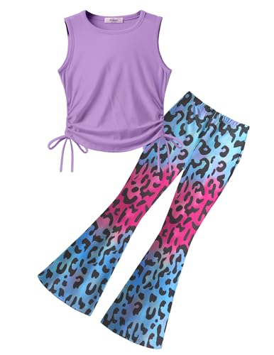 Image of Arshiner Toddler Girl Clothes 2 Piece Outfits Side Adjustable Drawstrings Tank Tops and Flare Leggings Pant Set