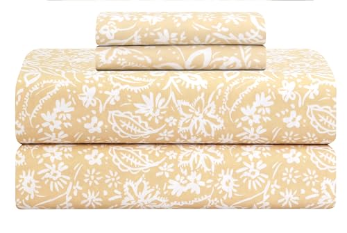 Feather & Stitch Softest 100% Cotton Sheets, 300 Thread Count Percale Weave Bedding, 16" Deep Pocket, Cooling Sheets, Breathable Bed Set, Hotel Premium Quality (King, Twilight Bloom Beige)