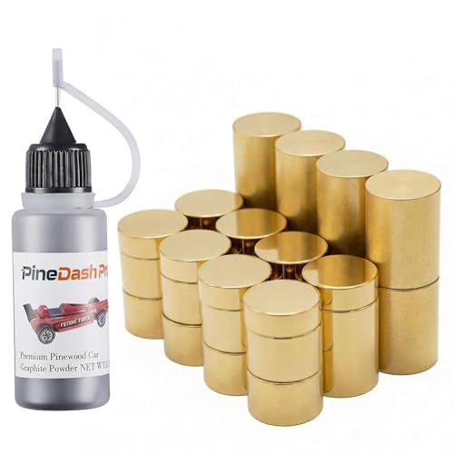 PineDash Pro Pinewood Car Weights Kit - Derby Car Copper Weights 3/8in 4.5OZ 28 Pcs 3 Sizes&0.5OZ Graphite Powder-Cylindrical Weights-Graphite Lubricant for Derby Car Pine Derby Car Wheels Axles