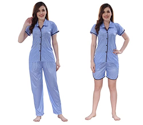 Image of Romaisa Women's Light Blue Satin Night Suit Set for Women - Stylish Pajama Set Sleepwear Lounge Wear Comfortable Nightwear