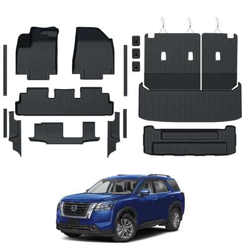 GALVAGNITE Floor Mats for Nissan Pathfinder 2022-2025 2026 All Weather Floor Mats Trunk Cargo Liner with Backrest Protectors and Door Sill Guards Accessories Full Coverage Set (Fit 7/8 Seats)