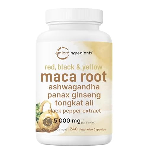 Maca Root Capsules for Women & Men 5,000mg | 240 Veggie Capsules with Ashwagandha, Red, Black, Yellow Maca Root, Panax Ginseng, Tongkat Ali & Black Pepper | Support Energy, Mood & Hormone Ba