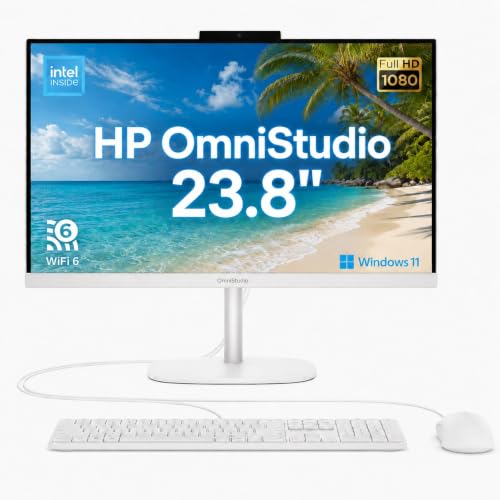 Image of HP OmniStudio 23.8 inch All-in-One PC FHD Display(1920 x 1080) Desktop | Intel N150, 8GB DDR5, 128GB UFS | Windows 11, Bluetooth 5.4, Wi-Fi 6, KB and Mouse, AI Noise Reduction, Webcam, Cashmere White