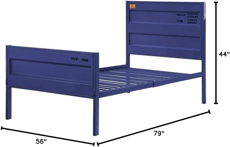 BOWERY HILL Contemporary Metal Full Panel Bed, 44" H x 79" L x 56" D, Blue Finish, Low Profile Footboard, Sturdy Slat System, Industrial-Inspired Kids or Youth Bedroom Furniture