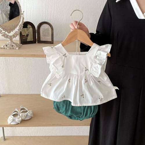 Baby Girl Summer White Embroidered Ruffle Sleeveless Top and Green Bloomers Set2
