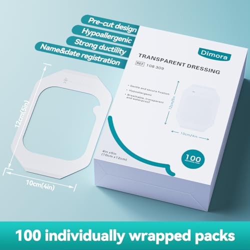 Image of Dimora Waterproof Transparent Film Dressing, Clear Bandage Tape for Wound Care, Adhesive Post Surgical Cover Pad,for IV Shield, Tattoo Aftercare, Shower Protector 4x4 3 /4 inch 100 Packs