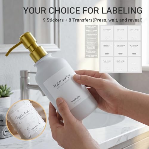 Modern Shampoo and Conditioner Dispenser Set of 3, 17oz Refillable Shower Soap Bottles with Stainless Steel Pumps & Waterproof Labels for Shampoo, Conditioner & Body Wash, Boutique Bathroom Decor - image 4