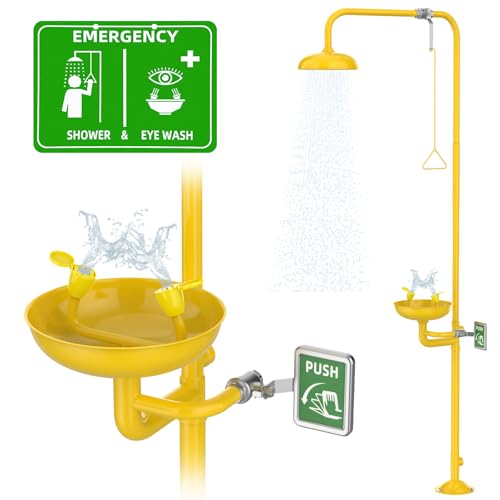 Image of Emergency Shower Eye Wash Station, OSHA Approved Eyewash Station with Shower, First Aid Shower Combination Kit, Industrial Grade with Emergency Sign, 304 Stainless Steel Yellow ABS Coating