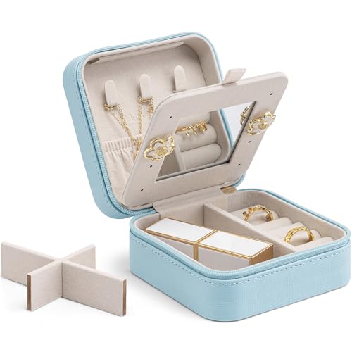 Vlando Small Faux Leather Travel Jewellery Box Organizer Display Storage Case for Rings Earrings Necklace with Mirror A.Mirror Blue
