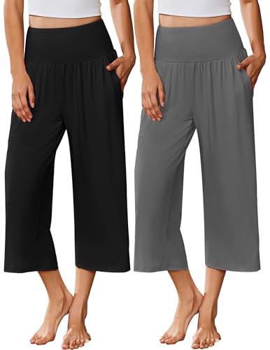 Image of Ekouaer 2 Pack Womens Pajama Pants 2026 Wide Leg Capri Yoga Pants Lounge Comfy Sleep Pj Bottoms with Pockets