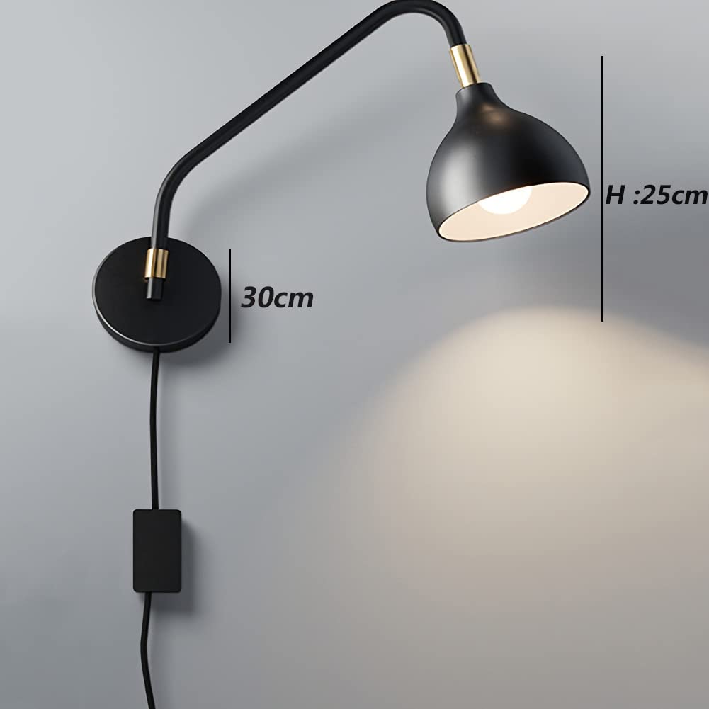 Wandleuchte Vintage Innen Mit Schalter, Wandlampe Retro E27 Mit Kabel Für Steckdose 180° Drehbar Schwarzes Metall Langer Arm Wandbeleuchtung Schlafzimmer Nachttischlampe Verstellbare Wandleselampen