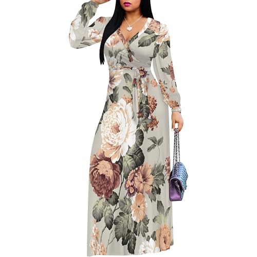 Image of Women Plus Size Long Sleeve V Neck Maxi Dress with Belt | Soft fabric relaxed fit three quarter sleeve v neck with pockets for party and daily wear