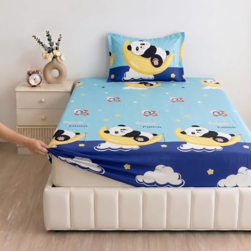 Image of Filymore Cloud Panda Elastic Fitted 3-Piece Kids Bedding Set - Single Bed Comforter with Matching Fitted Single Bedsheet & Pillow Cover - Soft Design for Children's Room(Peach and White)(90X60) inch