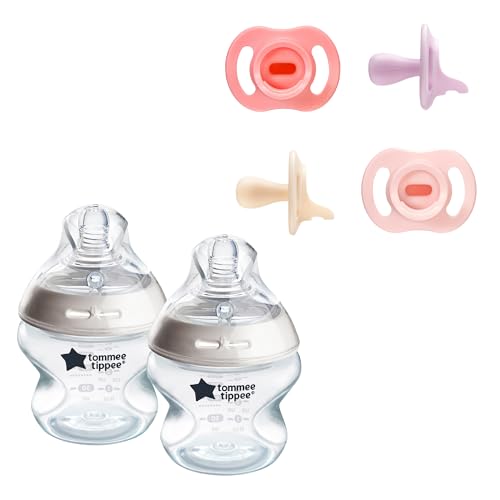 Image of Tommee Tippee Ultra-Light StayPut Pacifier, 0-6m, 4 Pack, Pink & Natural Start Anti-Colic 5 oz BPA Free Newborn Baby Bottles, Designed for Seamless Transition Between Bottle and Breast, Pack of 2