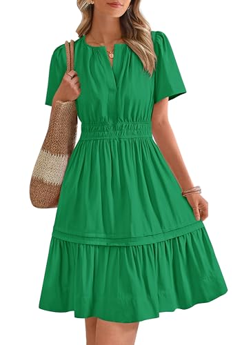 BTFBM Women's Casual Dresses 2025 Summer Spring V Neck Short Sleeve Sundress Smocked Waist A Line Tiered Mini Dress
