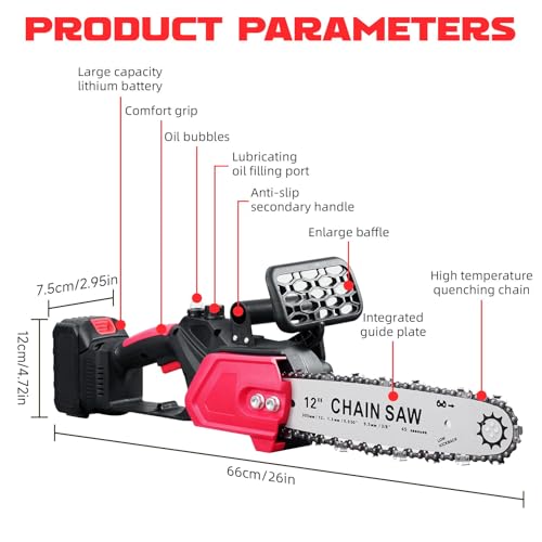 Sararoom 12inch Mini Chainsaw Cordless, 21V Brushless Battery Chainsaw with 3000mAh Battery & Charge, 4500 RPM Handheld Chain Saw with 2 Chains for Branch Pruning Wood Cutting Camping - Image 8