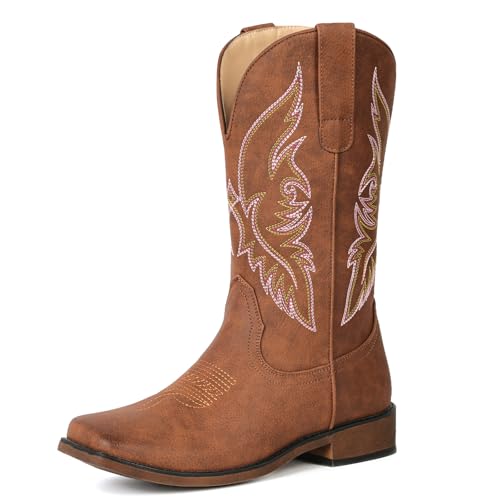 Image of IUV Cowboy Boots For Women Square Toe Western Boots Mid Calf Cowgirl Boot Pull On Embroidered Brown Boot