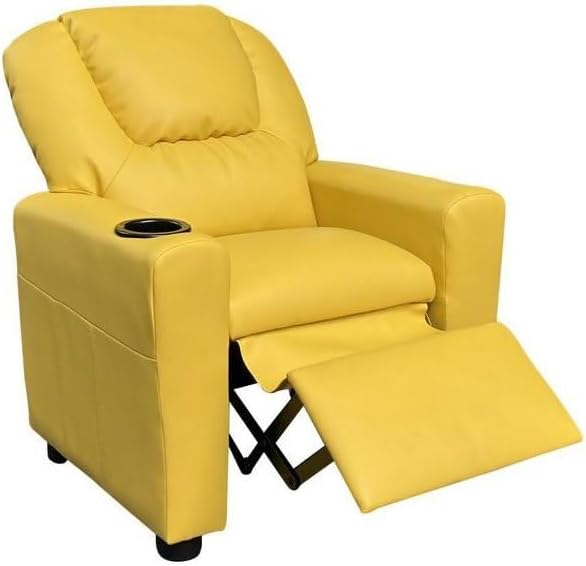 Furnifact Marisa Yellow PU Leather Youth Recliner with Cupholder for Kids 142" Seat Height 14" Width 106" Depth Bright and Fun for a Warm Lifestyle