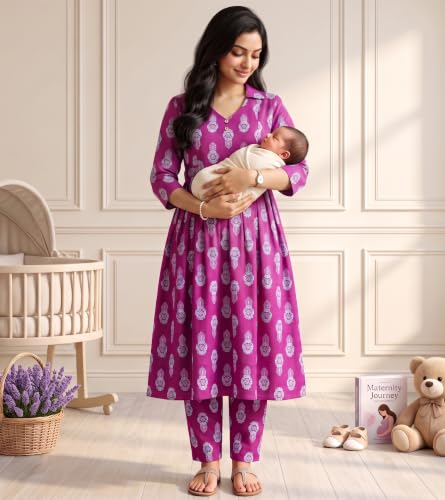 Image of DUMMY SHAPE Maternity Dresses for Women Cotton | Floral Kurta Pant Dupatta Set with Nursing Zippers, Side Pocket | Pre & Post Pregnancy | Feeding Kurti Suit | Baby Shower | Gifts for Pregnant Woman