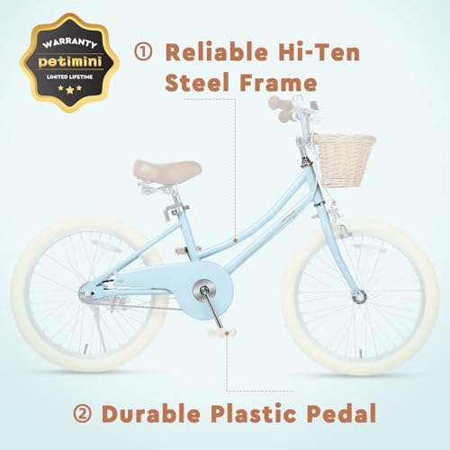 Image of Petimini Vintage Kids Bike for Girls, 12-20 Inch Classic Bicycle with Wicker Basket & Bell, High Tensile Steel Frame, Training Wheels (12-18 inch), 85% Pre-Assembled, Retro Bike for Outdoor Riding