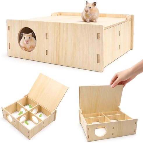 Multi-Chamber Hamster Houses and Hideouts Wooden Hamster Tunnels Toys with Flip Cover Secret Peep Shed Hamster Maze Habitat for Mice Gerbils Lemmings & Small Animals (Yellow)