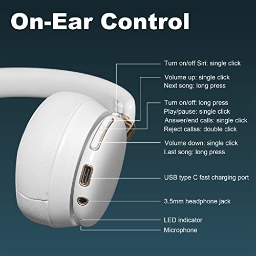 Hmusic Bluetooth Headphones, Aptx Bluetooth 5.1 Qcc3034, 32H Playtime Soft Protein Leather Ear Cups, Wired/Wireless On Ear Headphone With Built-In Mic For Travel, Home, Office (White) #TOP3