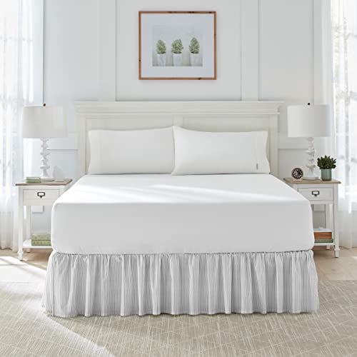 Image of Laura Ashley - Twin Size Ruffled Bed Skirt, Lightweight Cotton Bedding with 14.5 inch Drop & Smooth Hand Feel, College Dorm Room Essentials (Ticking Stripe Grey)