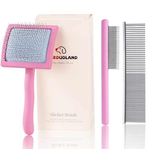 Werduoland Pink Slicker Brush for Long Haired Dog Wooden Handle Coated Pins