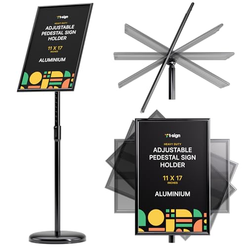 T-SIGN Adjustable Heavy Duty Pedestal Sign Holder Floor Stand, Sign Stand Poster Stand, Standing Floor, 11 x 17 inch, Vertical & Horizontal View, Outdoor Indoor Standing Sign Holders Aluminum Black