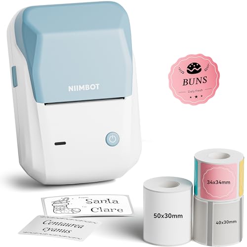 Image of NIIMBOT 2Inch Label Maker Machine with 3 Tape, B1 Portable Sticker Printer for Small Businesses, Clothing, Logo, Jar, Address, Compatible with Phones & PC, Blue White