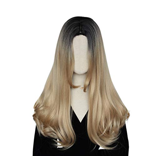 SEIKEA Ombre Blonde Wig Straight Hair Medium Length with Curls Parting in Middle