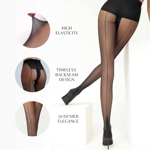 PENTI Black Nostalgia Back Seam Pantyhose | Women's 20 Denier Sheer Tights | Backseam Legwear | Reinforced Toe Hosiery2