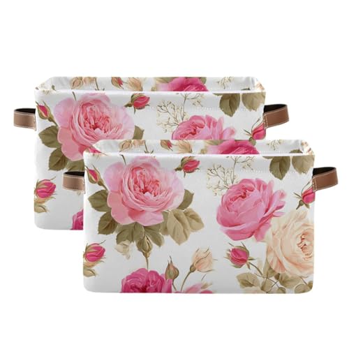 Image of susiyo Large Foldable Storage Bin, Floral Pink Roses Fabric Storage Baskets for Shelves, Closet Organizer Bins, Decorative Baskets Clothes Storage Bin with PU Handles -2Pack
