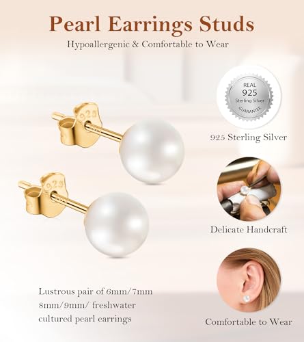 Pearl Stud Earrings for Women, Handpicked Freshwater Pearl Hypoallergenic Gold Vermail Sterling Silver Earring Studs2